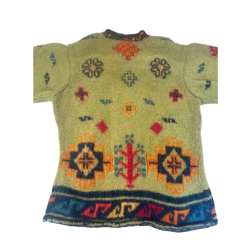 Bolder World Womens Wool Cardigan Sweater Green Southwestern Pattern Nepal Small